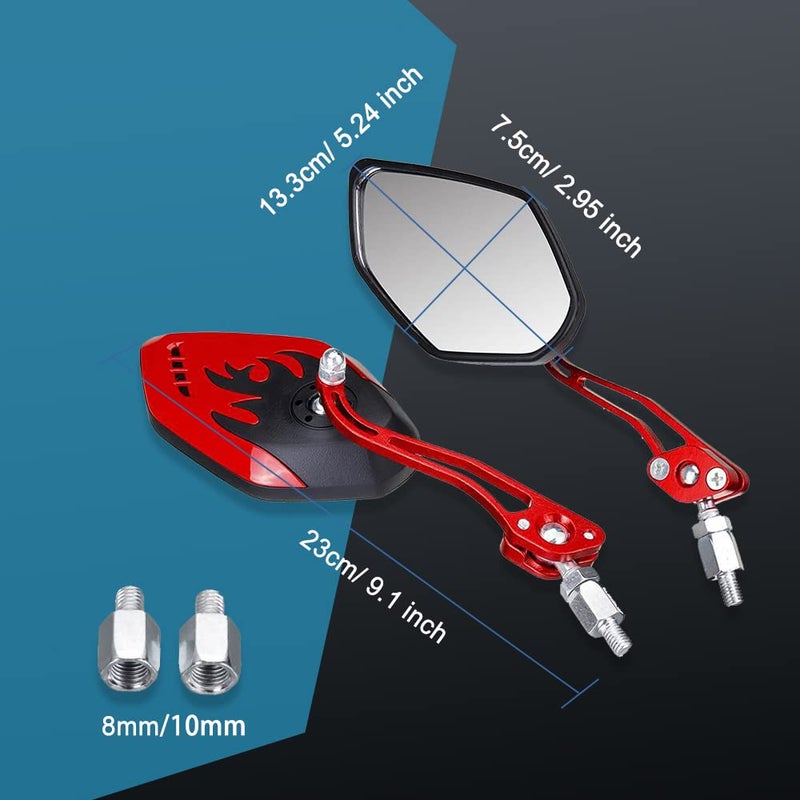 ASUBHA 1Pair Universal Motorcycle Mirrors, Motocycle Rear View Mirrors, Adjustable Side Mirror, Motorcycle Mirrors for Handlebars, Aluminum Flame Pattern Rear View Mirrors with 8mm/10mm Screws (Red) - Image 2